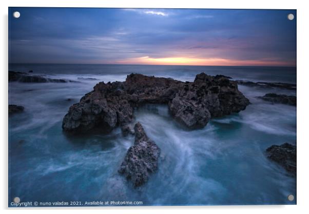 Ocean waves hit in a rock in a stormy day at the sunset. Acrylic by nuno valadas