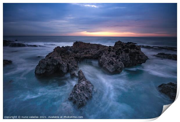 Ocean waves hit in a rock in a stormy day at the sunset. Print by nuno valadas
