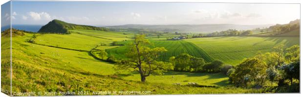 Panoramic view from Peak Hill, near Sidmouth, Devo Canvas Print by Justin Foulkes