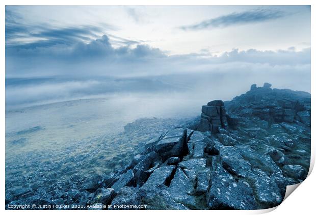 Mist over Sharpitor, Dartmoor Print by Justin Foulkes