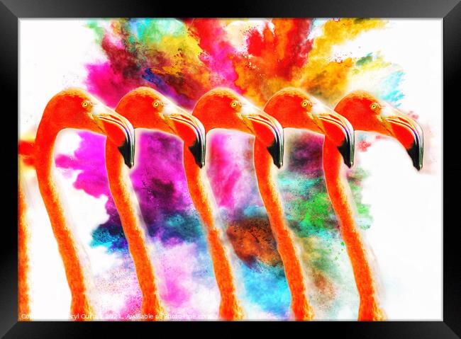 Explosion of Colour Flamingo Army Framed Print by Beryl Curran