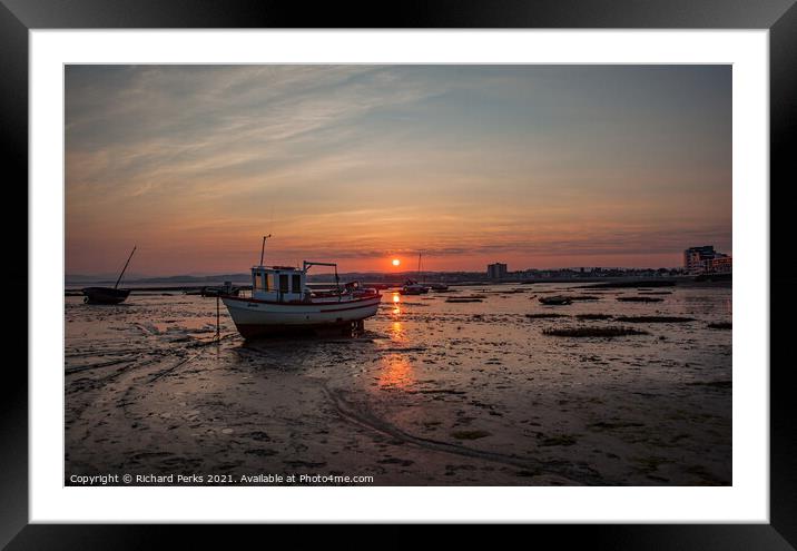 Sunrise over Morecambe bay boats Framed Mounted Print by Richard Perks