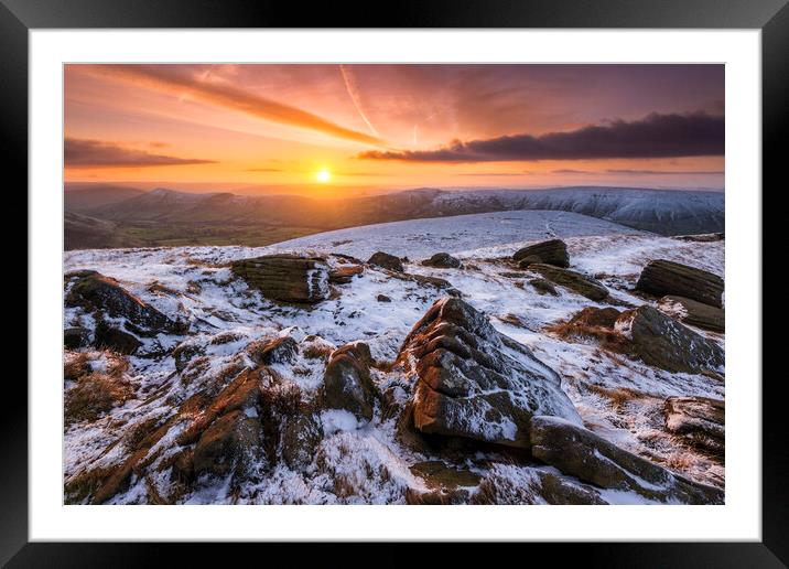 Grindslow Knoll winter sunrise Framed Mounted Print by John Finney