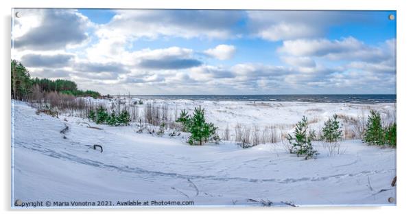 Snowy Baltic sea coast Acrylic by Maria Vonotna