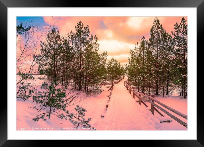 Sunset over trail in pine forest Framed Mounted Print by Maria Vonotna