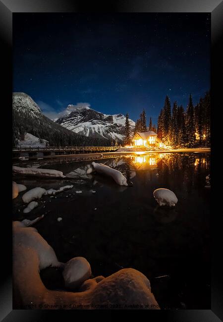 Emerald Lake Lodge at night Framed Print by Shawna and Damien Richard
