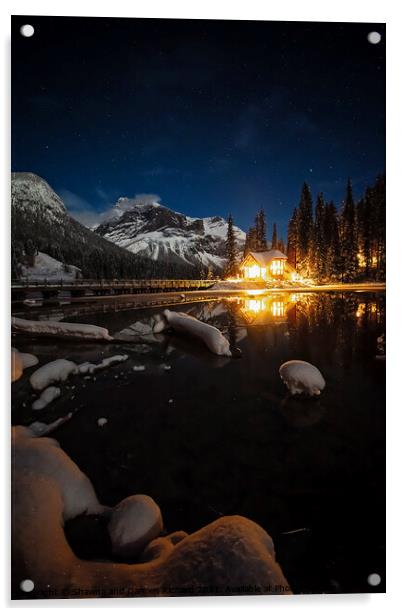 Emerald Lake Lodge at night Acrylic by Shawna and Damien Richard