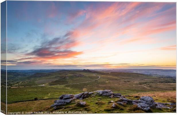 Sunrise over Haytor from Rippon Tor, Dartmoor Canvas Print by Justin Foulkes