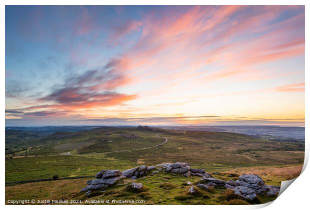 Sunrise over Haytor from Rippon Tor, Dartmoor Print by Justin Foulkes