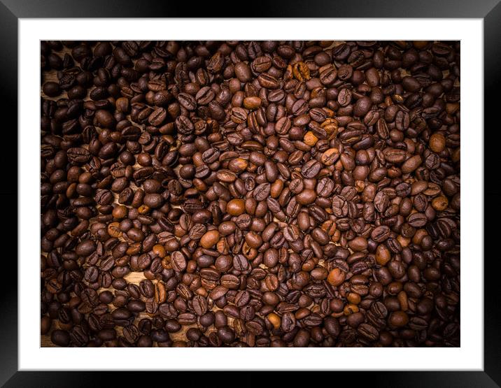 Coffee beans as background picture - top down view Framed Mounted Print by Erik Lattwein
