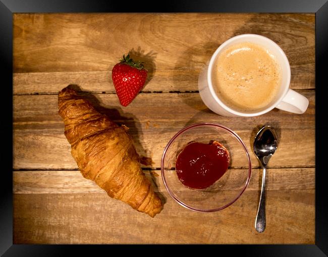 Breakfast table with coffee croissants and jam Framed Print by Erik Lattwein