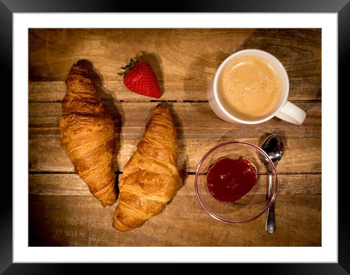 Breakfast table with coffee croissants and jam Framed Mounted Print by Erik Lattwein
