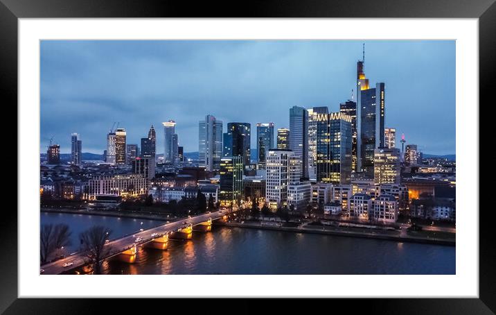 The skyscrapers of Frankfurt Germany at night Framed Mounted Print by Erik Lattwein