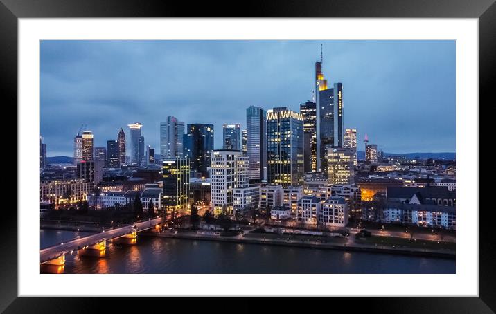 Skyline of Frankfurt Germany with financial district at night - aerial view Framed Mounted Print by Erik Lattwein