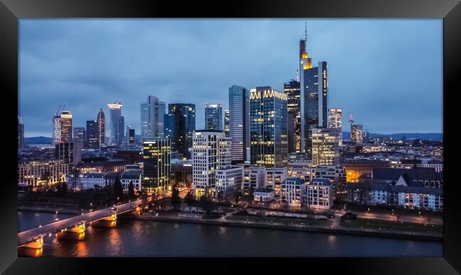 Skyline of Frankfurt Germany with financial district at night - aerial view Framed Print by Erik Lattwein