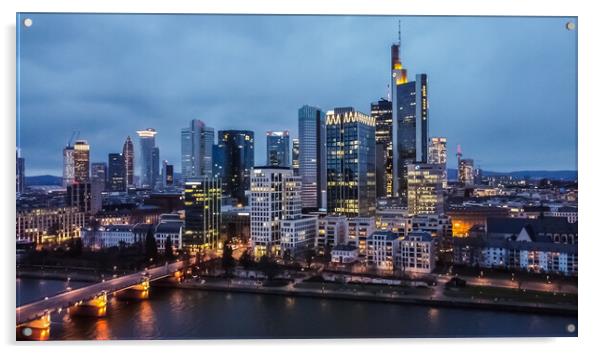 Skyline of Frankfurt Germany with financial district at night - aerial view Acrylic by Erik Lattwein