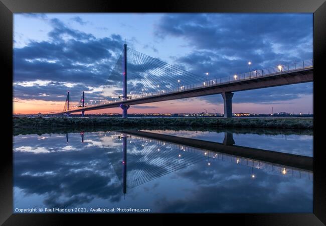 Mersey Gateway Bridge reflected in a pond Framed Print by Paul Madden