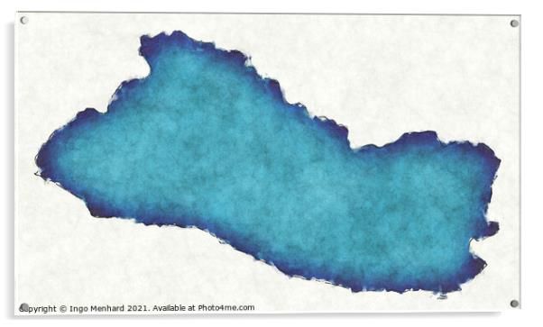 El Salvador map with drawn lines and blue watercolor illustratio Acrylic by Ingo Menhard
