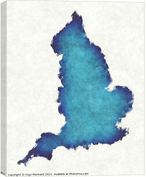 England map with drawn lines and blue watercolor illustration Canvas Print by Ingo Menhard