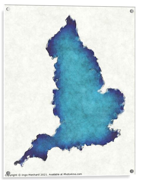 England map with drawn lines and blue watercolor illustration Acrylic by Ingo Menhard