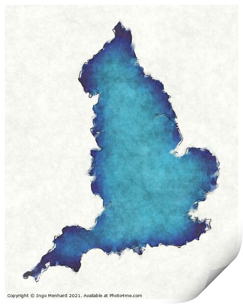 England map with drawn lines and blue watercolor illustration Print by Ingo Menhard