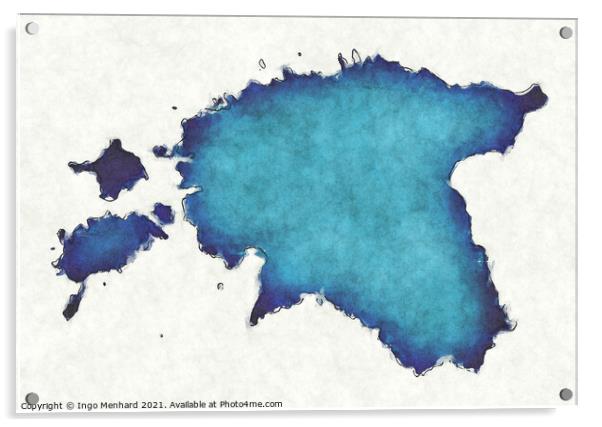 Estonia map with drawn lines and blue watercolor illustration Acrylic by Ingo Menhard
