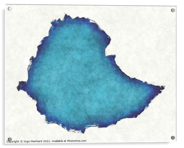 Ethiopia map with drawn lines and blue watercolor illustration Acrylic by Ingo Menhard