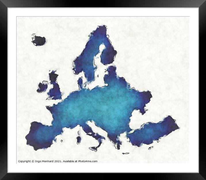 Europe map with drawn lines and blue watercolor illustration Framed Mounted Print by Ingo Menhard