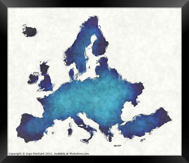 Europe map with drawn lines and blue watercolor illustration Framed Print by Ingo Menhard