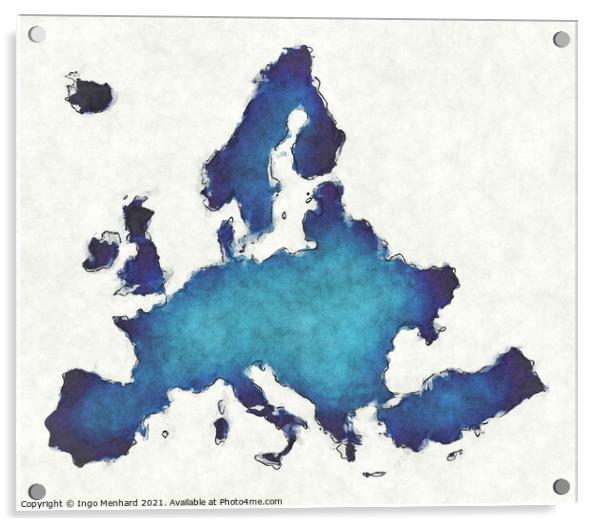 Europe map with drawn lines and blue watercolor illustration Acrylic by Ingo Menhard