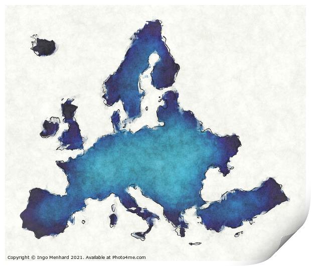 Europe map with drawn lines and blue watercolor illustration Print by Ingo Menhard