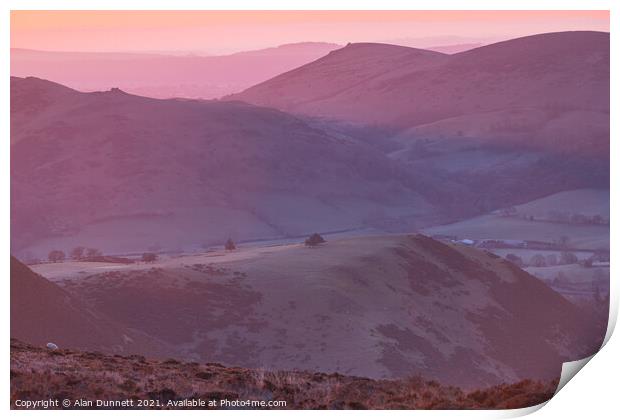 Sunrise from the Long Mynd over the Shropshire Hil Print by Alan Dunnett