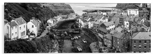 Staithes Coastal town england black and white Acrylic by Sonny Ryse