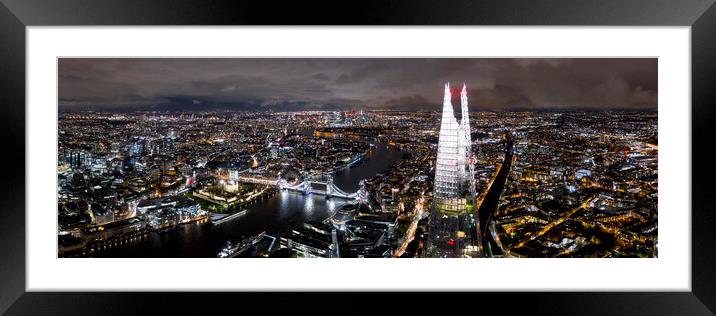 The Shard and the London Skyline aerial at night Framed Mounted Print by Sonny Ryse