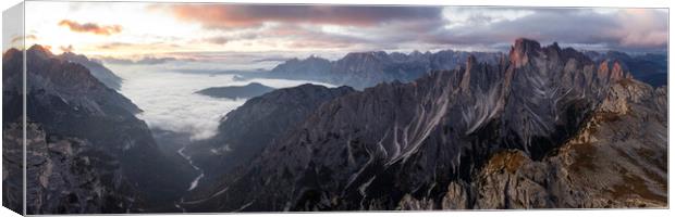 Cadini Peaks Tre Cime di Lavaredo Dolomites Italy aerial at sunr Canvas Print by Sonny Ryse