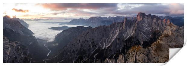 Cadini Peaks Tre Cime di Lavaredo Dolomites Italy aerial at sunr Print by Sonny Ryse