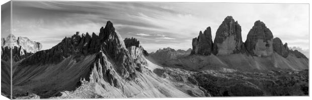 Tre Cime di Lavaredo Dolomites Italy black and white Canvas Print by Sonny Ryse