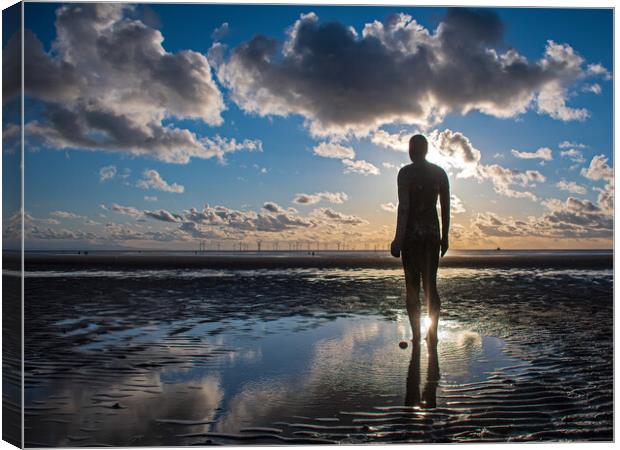 Anthony Gormley statue in a body of water , Crosby Canvas Print by Vicky Outen