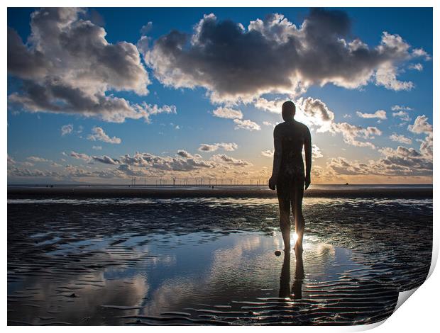 Anthony Gormley statue in a body of water , Crosby Print by Vicky Outen