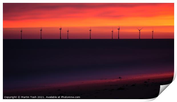 Electric. Orange dawn with wind farm and beach Print by Martin Tosh