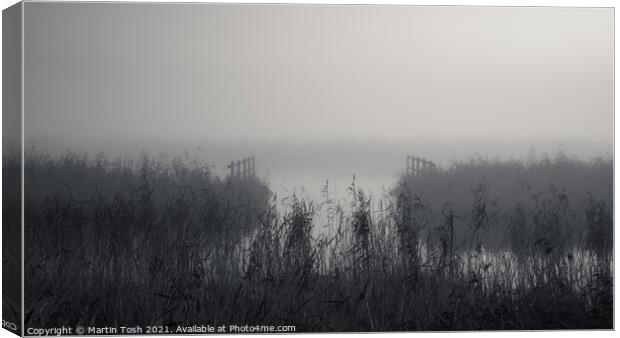 Waterways. Reeds and fences in misty Norfolk Broads Canvas Print by Martin Tosh