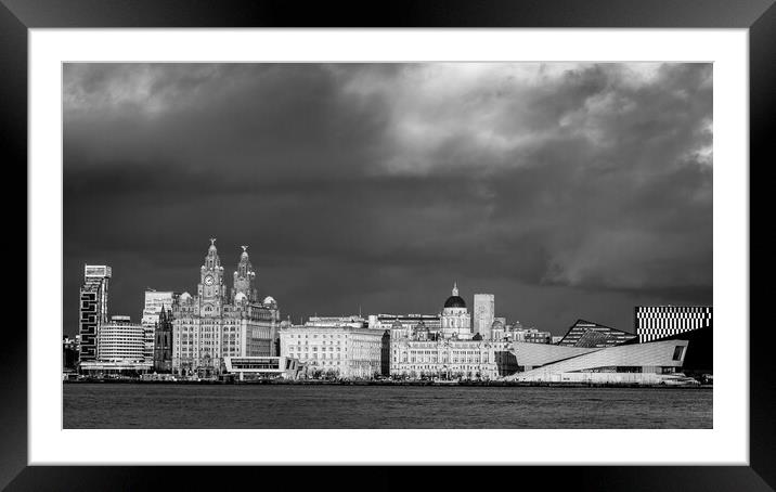 Dark sky over the Liverpool waterfront in black and white Framed Mounted Print by Jason Wells