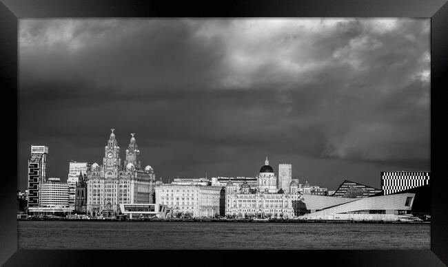 Dark sky over the Liverpool waterfront in black and white Framed Print by Jason Wells