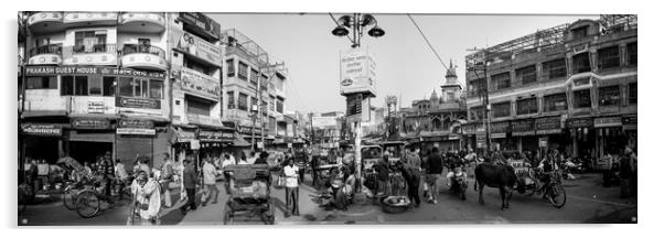 Varanasi street scene india Black and white Acrylic by Sonny Ryse