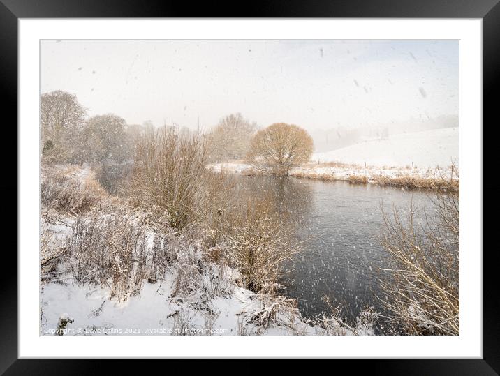 Falling snow over the Teviot River in the Scottish Borders, UK Framed Mounted Print by Dave Collins