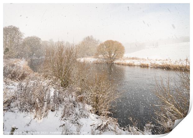 Falling snow over the Teviot River in the Scottish Borders, UK Print by Dave Collins