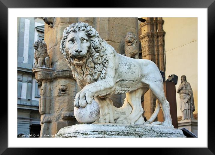Florence, Tuscany, Italy: ancient statue of a lion in Piazza della Signoria, sculpture that depicts a lion with a sphere under one paw Framed Mounted Print by M. J. Photography