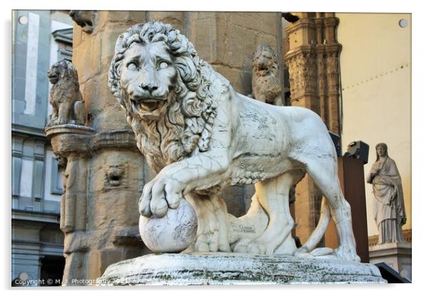 Florence, Tuscany, Italy: ancient statue of a lion in Piazza della Signoria, sculpture that depicts a lion with a sphere under one paw Acrylic by M. J. Photography