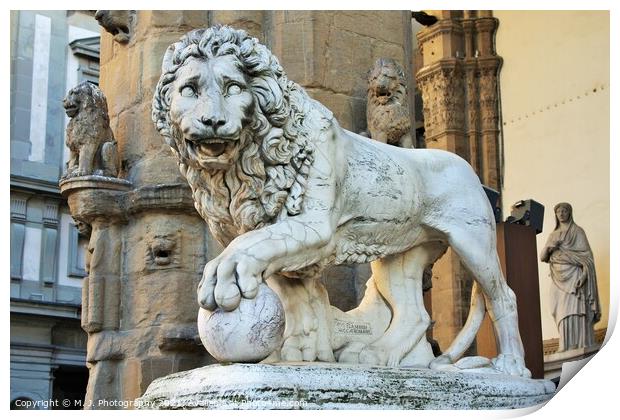 Florence, Tuscany, Italy: ancient statue of a lion in Piazza della Signoria, sculpture that depicts a lion with a sphere under one paw Print by M. J. Photography