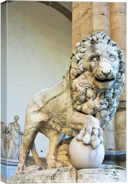 Florence, Tuscany, Italy: ancient statue of a lion in Piazza della Signoria, sculpture that depicts a lion with a sphere under one paw Canvas Print by M. J. Photography